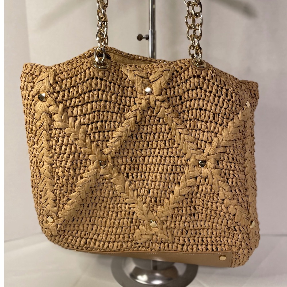 INC Woven Straw Woven Tote Bag Tan Shoulder Bag Gold Chain Link  Summer Beach